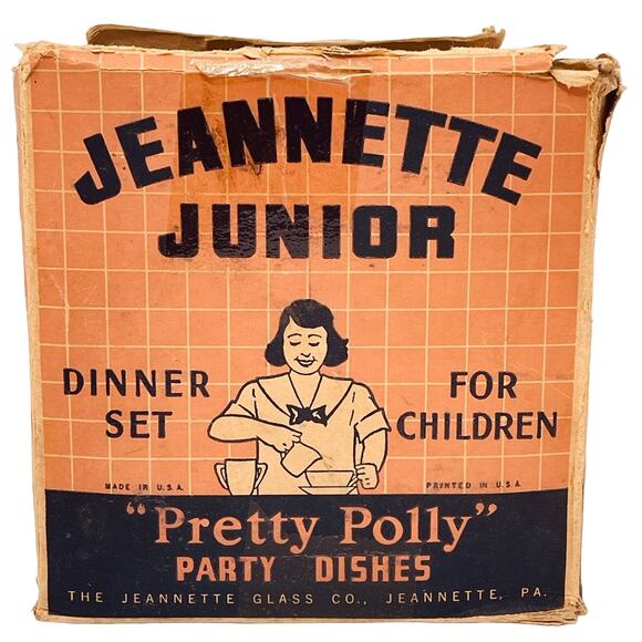 Jeanette Glass Junior Pretty Polly Children's Dinner Party Dish Set COMPLETE - Picture 3 of 13